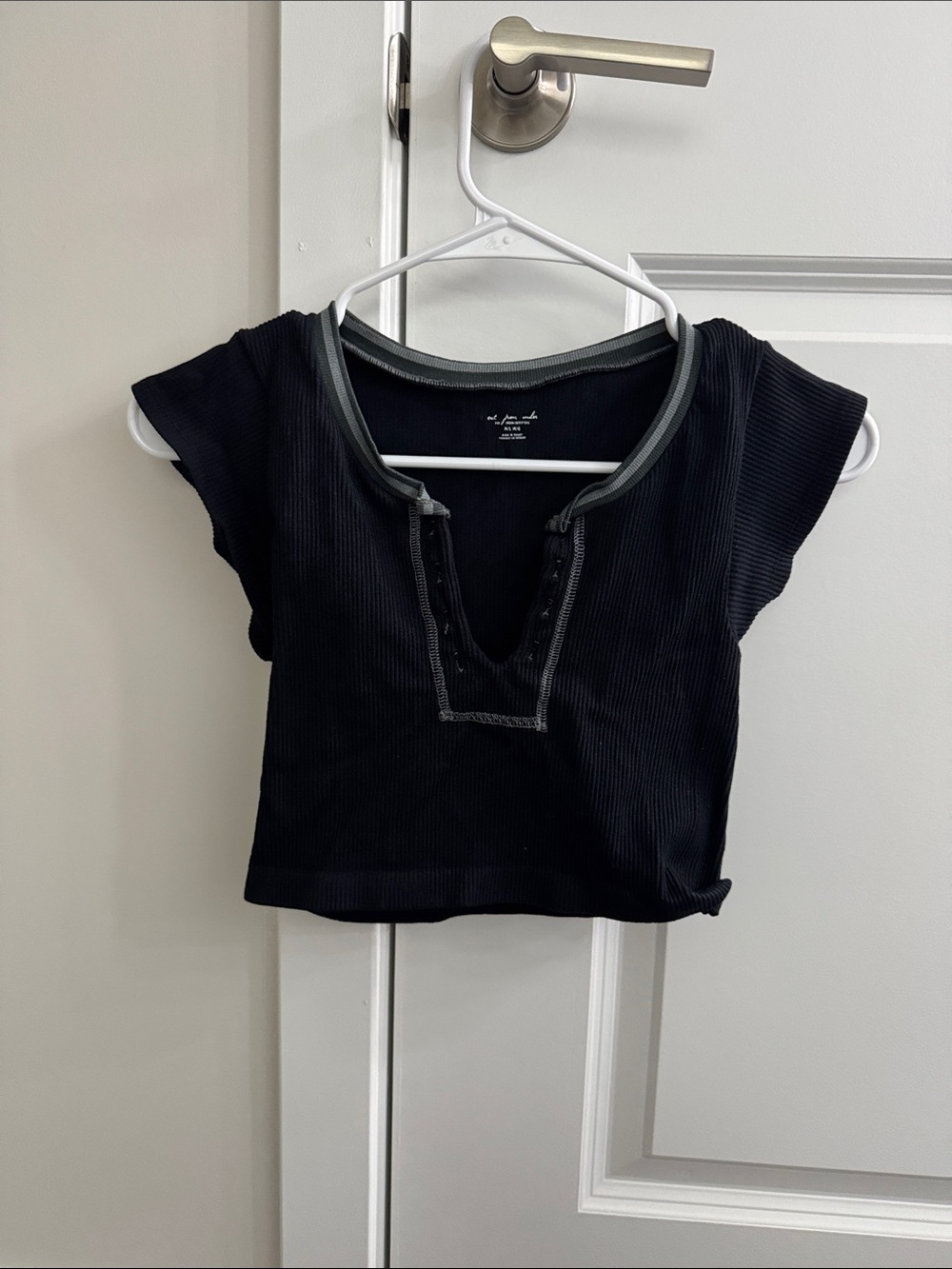 Urban Outfitters Black Ribbed V-Neck Crop Top with Contrast Trim